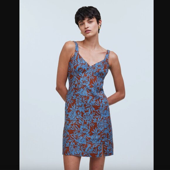 Madewell Blue Brown Floral 100% Linen Sweetheart Mini Dress 4 - Picture 1 of 10